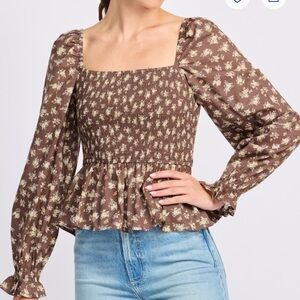 Floral Smocked Square-Neck Peplum Blouse in Brown